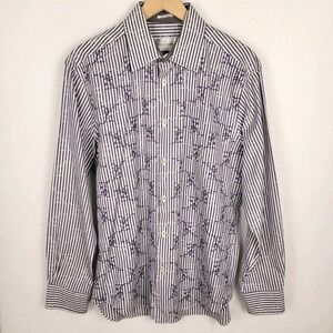 Bugatchi Uomo‎ Men's L Shirt Striped Embroidered Flip Cuff Shaped Fit Luxury LS
